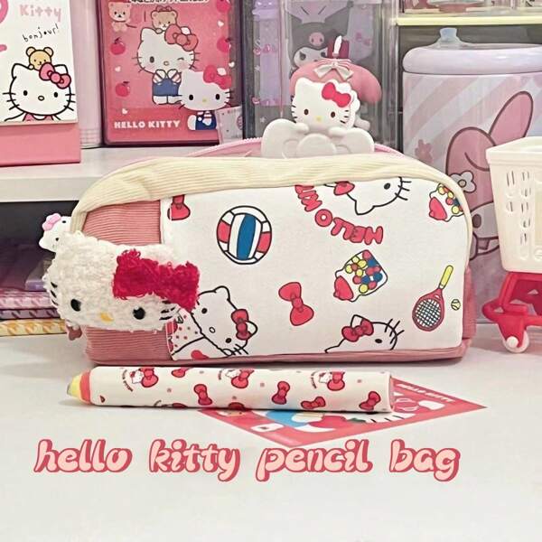 Sanrio Hello Kitty Printed Pencil Bag With Little Doll Cute Girl Heart Highly Attractive Stationery Bag Large Capacity Pencil Case Student Stationery Return To School,Back To School,School Supplies,Pencil Pouch,School Bag