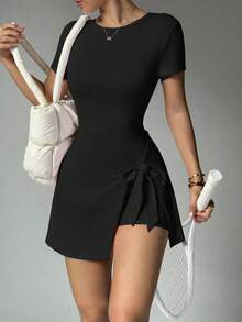 女士时尚户外瑜伽、跑步、普拉提、通勤、约会、海滩、日常必备弹力性感舒适休闲短袖露背收腹提臀塑形紧腰青春活力运动连衣裙 - 黑色 - 查看 5