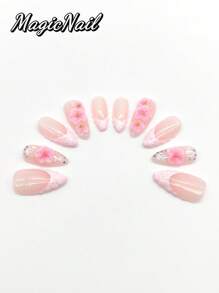 10 Pieces Of Pure Hand-Pressed Wearable Nails,Press On Nails,Nail Supplies,Nails Ptess On,Beach Essentials, 25mm-Length Nail Pieces, Pink White Pink Contrasting Pink Glitter Pink Drawing Convex Shape, Hand-Kneaded Raised Flowers Pink Drawing Golden Small Ball Stamens, Hand-Painted White Lines, Spring And Summer Style, Cute Nail Pieces. Suitable For Daily Leisure And Vacation Wear.