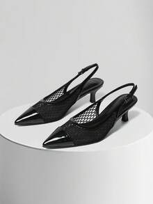 Womens High Heeled Sandals Pointed Toe Slingback Kitten Heel Pumps Mesh Ankle Metal Buckle Strap Comfortable Summer Shoes For Women Breathable Slip On Wedding Party Bride Prom  Business Spring Casual Sandal - 黑色 - 查看 3