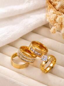 4/5 Pieces Fashionable And Exquisite Stainless Steel Ring 18k Gold Plated With Diamonds Round Square Ring Suitable For Women'S Daily Wear Dating Play Wedding Engagement Holiday Gift Jewellery