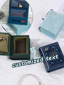 Customized Retro Book Ring Box; Mini Proposal Jewelry Box With Text Personalization; Vintage Celestial Design Ring Holder; Romantic Gift For Wife, Girlfriend, Or Mom; Creative Wedding Or Anniversary Jewelry Packaging.