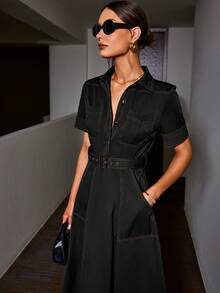Sollinarry 女士休闲复古风短袖连衣裙，翻领撞色前襟纽扣设计，带口袋，修身腰部，轻盈透气面料，建议夏季穿着选择大一码，黑色优雅款 - 黑色 - 查看 3