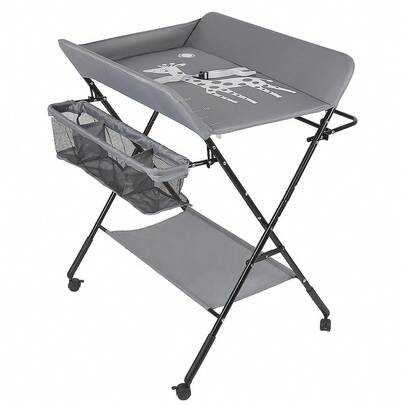Faltbarer Babywickeltisch, Tragbarer Babywickeltisch, Höhenverstellbarer Wickeltisch mit Ablagekorb, Sicherheitsgurt und 4 Rädern mit Bremse, Babywickeltisch, Massagetisch mit Netztasche, Platzsparend, 80*66*98cm