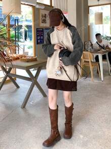 Vintage Colorblock Round Neck Long Sleeve Women's Thick & Loose Knitted Pullover Sweater, Autumn/Winter