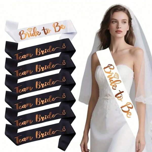 7-teiliges Team Braut Schleifen-Set - 1 weißer Braut-Gürtel und 6 schwarze Team Braut-Gürtel, Handgeschenk, geeignet für Hochzeitspartys, kleine Geschenke oder Festlichkeiten, Hochzeitsaccessoires, Hochzeits-Party-Gürtel-Accessoires, Hochzeits-Braut- und Team-Braut-Gürtel für Brautparty und Hochzeitsdekoration