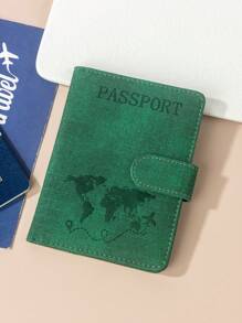 1 pieza Funda para pasaporte con acabado mate de material de PU, con mapa mundial e impresión de letras y diseño fijo, estuche/cartera/bolsa para pasaporte, artículo de viaje esencial para vacaciones, vuelos, regreso a la escuela, hombre y mujer