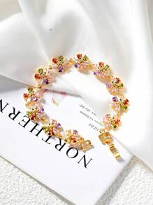 1pc Dopamine Colorful Zirconia Flower Bracelet.18K Gold Plated Multi-Color Zirconia Ladies Decorative Bracelet,Gorgeous And Colorful Fashion Summer Jewelry,Elegant Jewelry Gift.Suitable For Daily,Vacation,Party,Wedding,Gift,Valentine's Day Gift,Birthday Gift.