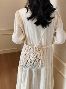1pc Hollow Weaved Bucket Crossbody Bag, Women New Small Woven Bag, Unique Beach Vacation Style Shoulder Bag, Fashion Chic Envelope Bag