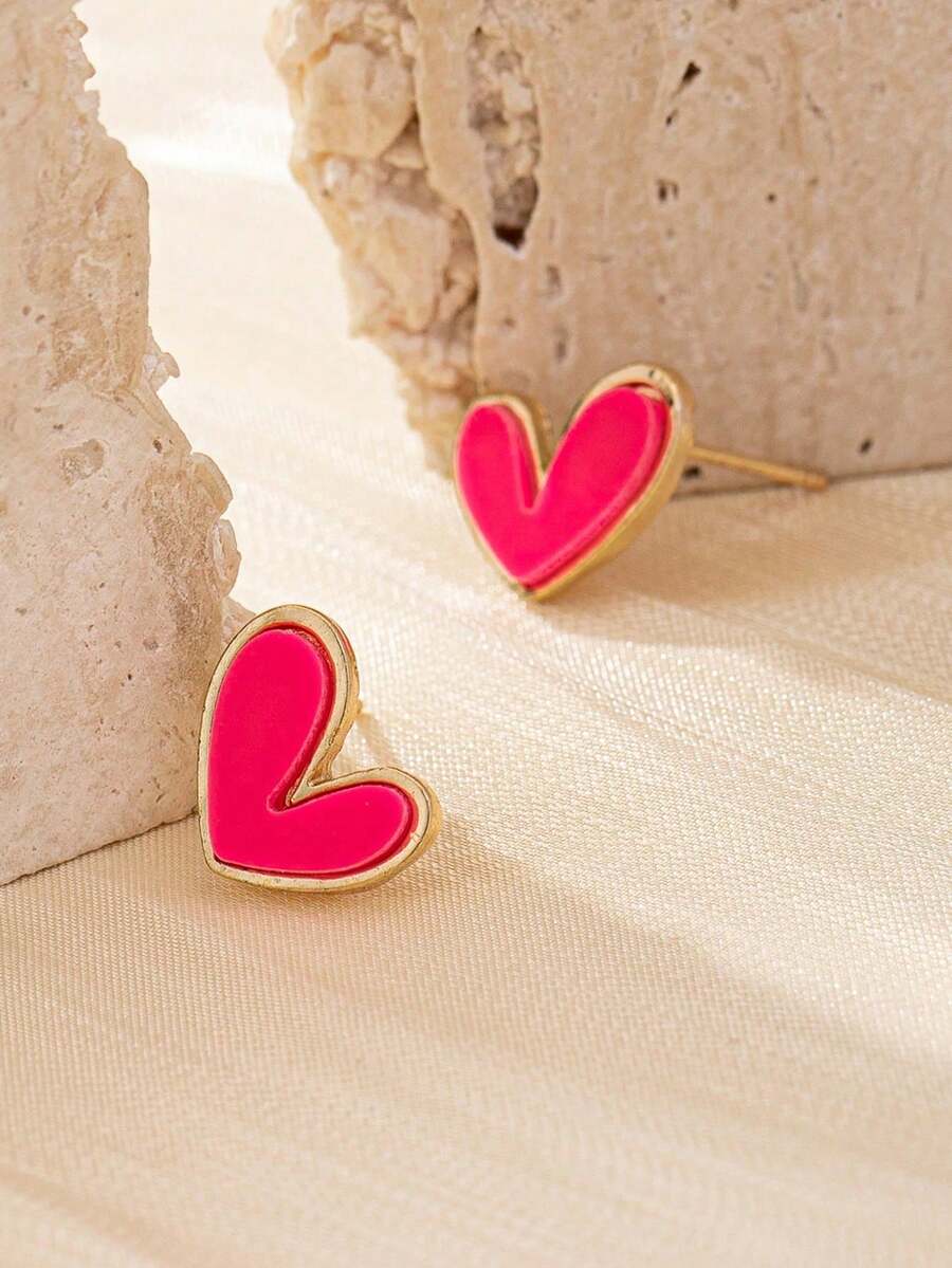 1 Cặp bông tai hình trái tim thời trang, thích hợp để đeo hàng ngày - Màu Hồng Tươi - Xem 1