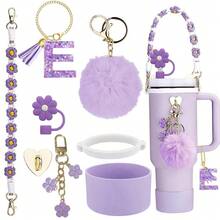 8件套杯子装饰配件，8-9毫米吸管盖，硅胶套30-40盎司，适用于史丹利杯，女孩圣诞礼物，DIY礼物创意装饰，感恩节装饰，朋友礼物装饰，圣诞派对装饰，史丹利配件，圣诞杯，返校用品 - 紫色26字母 - 查看 13