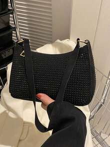 Bolso tipo baguette mini con remaches, bolso de hombro de unicolor, bolso de sobaco, bolso cuadrado apto para compras, billetera, compras, mujeres jóvenes, estudiantes universitarias, principiantes, oficinistas. Apropiado para oficina, universidad, trabajo, negocios, viajes al trabajo, actividades al aire libre, viajes y picnics - Negro - Ver 6