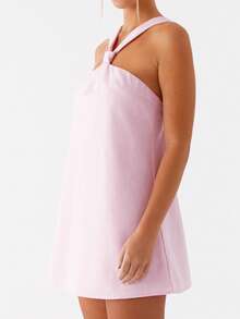 Women Summer Halter Neck Mini Dress Sleeveless Backless A-Line Party Short Dress Casual Beach Sundress - Hồng - Xem 4