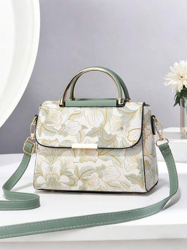 1pc Korean Fashion Chinese Style Printed Handbag, Soft Leather Multiple Compartments Zipper Tote Bag With Adjustable Shoulder Strap, One Shoulder & Crossbody, Convenient Zipper Pocket On Back For Daily Use