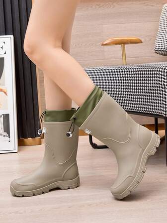 Women's Striped Rain Boots, Outdoor PVC (Polyvinyl Chloride) Waterproof Boots With Drawstring, Green & Grey Ankle Boots With Plaid Pattern