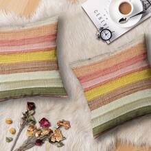 2 件 2D 印花枕套，亚麻抱枕套，时尚粉色、黄色和绿色条纹设计，适用于沙发、家居装饰、床或椅子装饰，柔软涤纶面料，拉链开合，可机洗，沙发枕头 - 彩色 - 查看 1