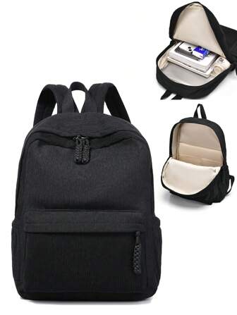 Un sac d'école à l'épaule en matériau velours côtelé, modèle unisexe pour étudiants, de couleur unie simple. Un sac d'école de haute qualité pour la rentrée scolaire sur le campus