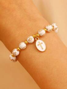 1 pieza Brazalete elástico con cruz bautismal de esmalte en blanco y dorado, estilo minimalista cristiano, accesorio de joyería de moda para hombres, regalo para uso diario, vacaciones