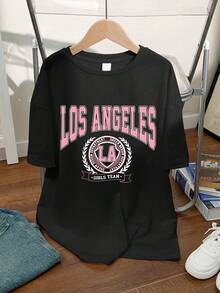 2pcs Teen Girls LA Print Set, Short Sleeve Loose With Flare Pants Soft Two Pieces, Street Casual Wear Summer, Girls Sets - Black - View 4