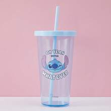 Vaso de plástico de 600 ml con pajita de Stitch de Miniso, ideal para la escuela y los viajes, perfecto para el uso diario en el hogar y fuera de él - Azul - Ver 1