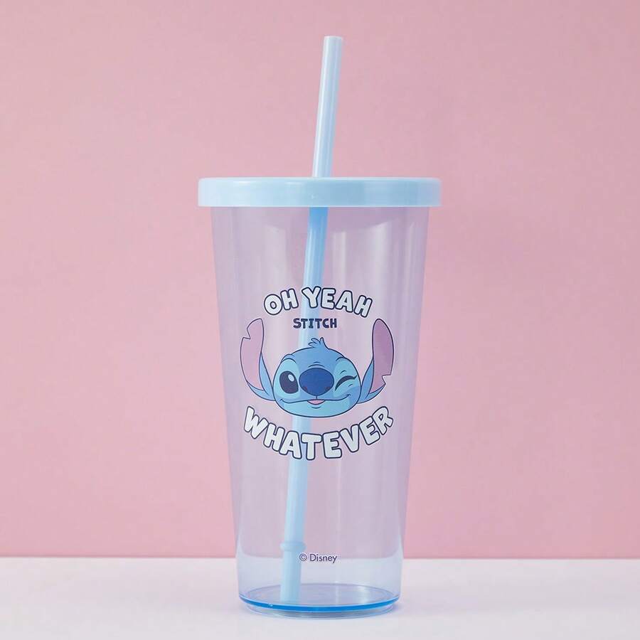 Vaso de plástico de 600 ml con pajita de Stitch de Miniso, ideal para la escuela y los viajes, perfecto para el uso diario en el hogar y fuera de él - Azul - Ver 1