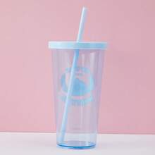 Vaso de plástico de 600 ml con pajita de Stitch de Miniso, ideal para la escuela y los viajes, perfecto para el uso diario en el hogar y fuera de él - Azul - Ver 3