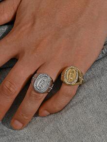 1 件精致圣母玛利亚镶嵌闪亮方晶锆石戒指男士嘻哈日常佩戴情侣不锈钢首饰 - 戒指 - 查看 1