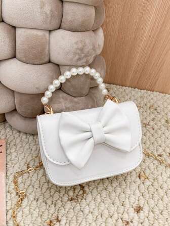 Mini Size Girls Bow & Pearl Decor Chain Crossbody Bag & Coin Purse