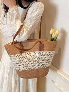 2026 New Straw Tote Bag, Large Capacity Straw Bag, Fashion Versatile Commuter Shoulder Bag, Beach Bag, Travel Vacation Bag, Striped Woven Straw Tote Bag For Women - Beige - View 11