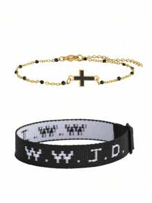 1 Pair WWJD What Will Jesus Do Letter Jacquard Knit Wristband Bracelet & Cross Decor Bohemian Beaded Bracelet Inspirational Christian Jewelry Set For Women Men For Daily Wearing