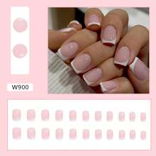 24 Pcs White French Tip Press On Nails Short Square Fake Nails Glossy Pink False Nails With Glue On Nails Reusable Full Cover Stick On Nails Acrylic Artificial Nails For Women DIY Nails Art Decoration - Flower French Tip - 查看 11