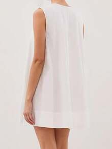 Women's V Neck Tank Dress Sleeveless Solid Color Loose Beach Dresses With Pocket - White - View 6