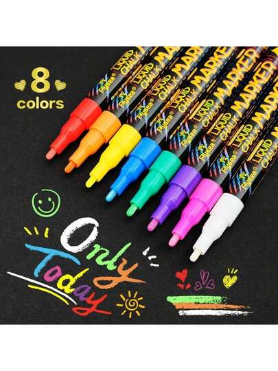 طقم أقلام طباشير ذات رؤوس دقيقة 8 ألوان - قابلة للغسيل، متعددة الأسطح وجريئة، مثالية للسبورات والزجاج