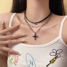 1 件复古哥特式十字架吊坠项链，优雅 - 黑色 - 查看 2