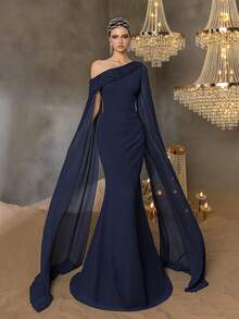 Faeriesty 优雅雪纺晚礼服，肩部饰有串珠，袖子飘逸，适合奢华晚宴和红毯盛装 - 藏蓝色 - 查看 4