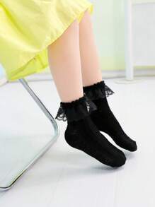 1 par de calcetines hasta la pantorrilla de encaje con contraste de color, cómodos y respirables, calcetines de princesa dulce para niñas