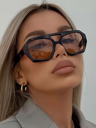 1 Pair Women's Leopard Print Polygon PC Frame Retro Double Bridge Fashionable Casual Style Glasses