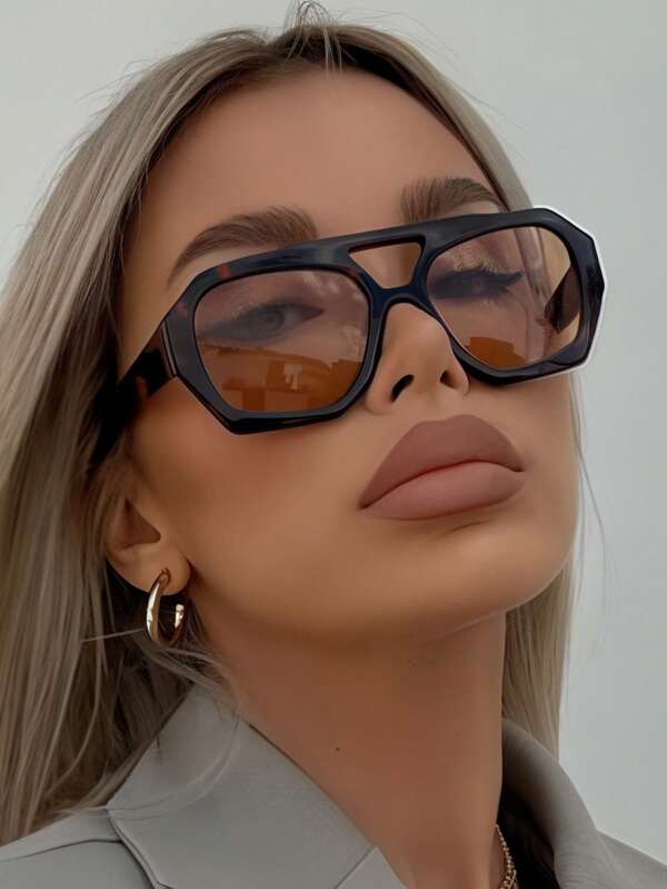 1 pereche ochelari de soare pentru femei, cu imprimeu leopard, poligon, ramă PC, retro, cu punte dublă, stil casual la modă