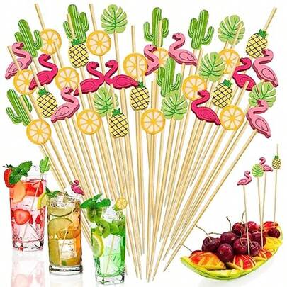 Hawaiian Appetizer Picks Tropical Cocktail Toothpicks Party Decorations For Drinks Bamboo Charcuterie Skewers Flamingo Pineapple Palm Leaf Orange Cactus Sticks For Food Luau Hawaii Beach