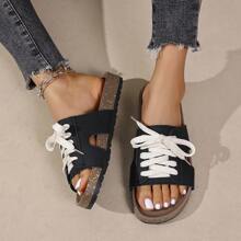 Sandalias de suela gruesa con cordones para mujer, chancletas estilo bohemio en color negro, zapatos planos casuales para playa y vacaciones de verano