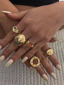 5pcs/Set Fashionable Colorful Ring Set, Exaggerated Stacking Metal Smooth Open Rings, Suitable For Party, Gift, Daily Wear - Gold - View 2