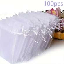 50/100pcs White Organza Drawstring Bags, Luxury Jewelry Gift Bags, Suitable For Party Favors, Candies, Fruits, Crafts, Ideal For Weddings, Bridal Showers, And Special Occasions, Small Gift Pouches - White - View 2