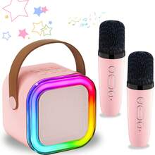 儿童卡拉OK机，配备2个无线麦克风，迷你卡拉OK播放器，带LED彩色灯，便携式户外无线音箱，是3-12岁男孩女孩的理想礼物 - 彩色 - 查看 2
