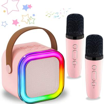 Barnkaraokemaskin med 2 trådlösa mikrofoner, minikaraokespelare med färgglada LED-lampor, bärbar trådlös utomhushögtalare, perfekt present för pojkar och flickor i åldrarna 3-12