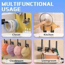 Multi-Purpose Adhesive Hangers - 4 Black Extra Strong Adhesive Hooks For Bathroom/Closet/Entryway