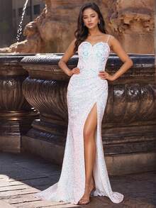 Sequin Mermaid Style Formal Evening Gown, High Slit Design, Suitable For Wedding Guests - Beige - View 8