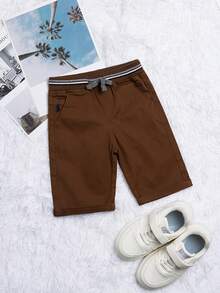Boys Cotton Elastic Waist Embroidery Casual Woven Shorts - Brown - View 2