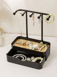 Double Layer Jewelry Holder Stand, Desktop Hanging Earring/Necklace/Bracelet/Ring/Key Organizer Tray, Makeup Vanity Storage Rack, Wooden & Metal Display Stand Back To School