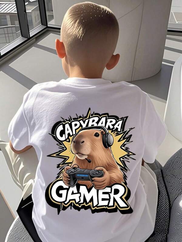 Tween Boy Casual Funny Graphic Print Crew Neck Short Sleeve T-Shirt, Summer Tops