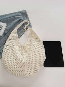 Yogodlns 时尚女士镂空编织单肩包大容量针织腋下包纯色钩针托特包夏季网眼沙滩包休闲大容量棉织包镂空设计单肩包女旅行度假沙滩包 - 米色 - 查看 10